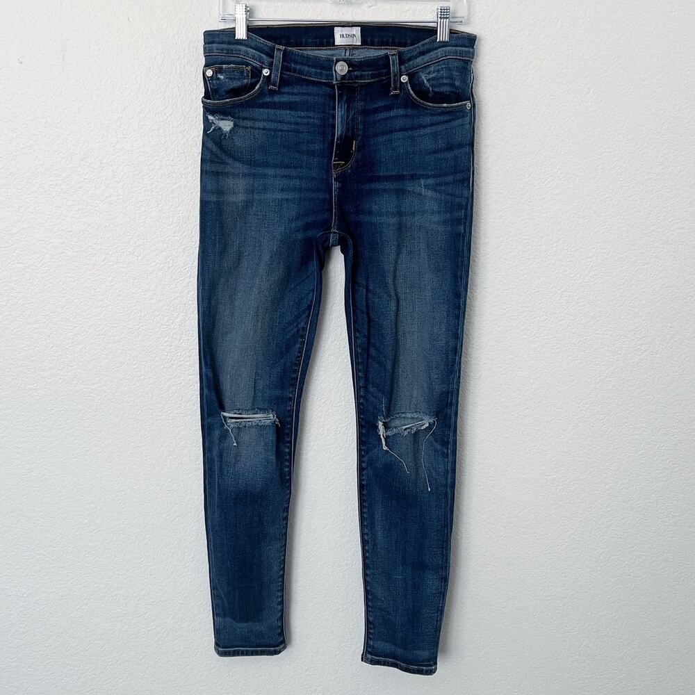 [Hudson] Nico Mid Rise Ankle Skinny Jeans Dark Wash Ripped Knee Distressed Sz 29